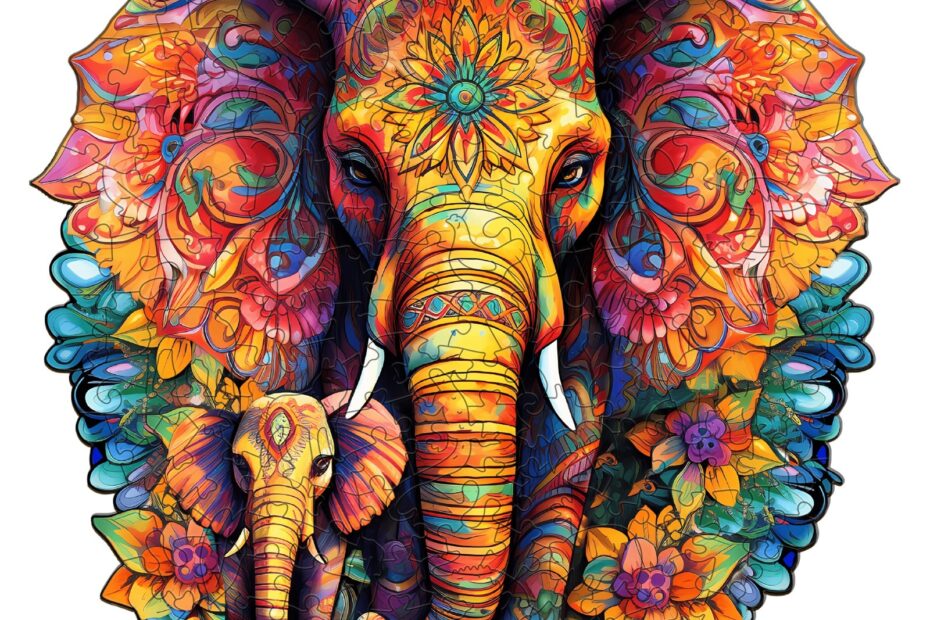 Drevené puzzle – rodina slonov Mandala 66da437487fb5