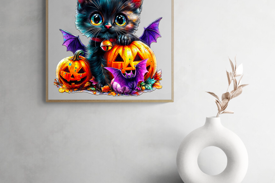 Očarujúca halloweenska skladačka: Rozkošná čierna mačka s tekvicami a netopiermi 66e20b2f502d4