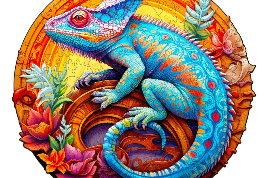 Drevená skladačka – jedinečný chameleón 66defa18295bf